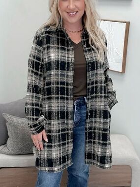 Plaid Button-Up Shacket in Black and Cream